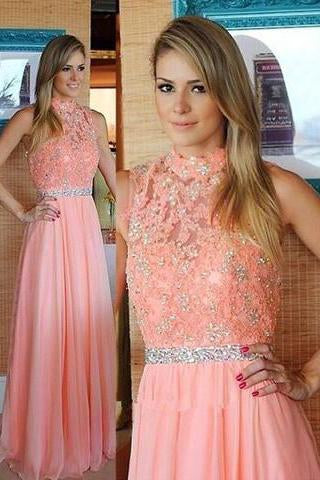 Nectarean High Neck Floor-Length Sleeveless Peach Prom Dress with Beading Lace Top RS585