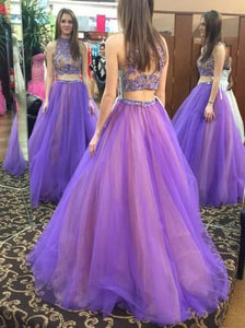 Stylish Two Piece High Neck Floor-Length Prom Dress with Beading Open Back RS587