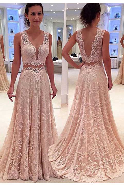 Charming A Line V Neck Prom Dresses Lace Party Gown