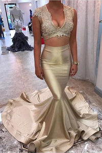 Two Piece V-Neck Court Train Sleeveless Gold Satin Appliques Sleeveless Prom Dresses RS278