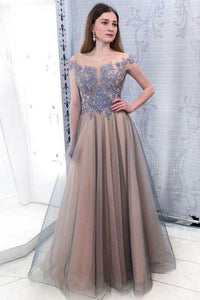 Chic Off Shoulder Sleeveless Floor Length Lace Prom Dresses with Appliques