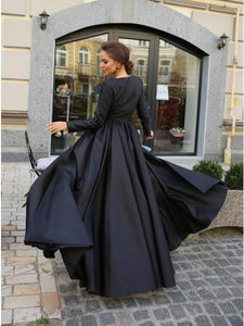 A-Line Round Neck Long Sleeves Black Long Prom Dress