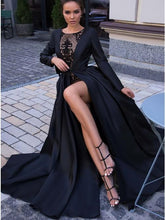 Load image into Gallery viewer, A-Line Round Neck Long Sleeves Black Long Prom Dress