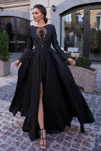 Load image into Gallery viewer, A-Line Round Neck Long Sleeves Black Long Prom Dress
