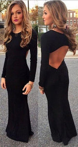 New Style Black Elegant Mermaid Simple Scoop Prom Dresses with Long Sleeves For Teens RS28