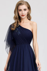 Simple A Line One Shoulder Navy Blue Tulle Prom Dresses Cheap Formal Dresses SRS15382