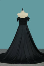 Load image into Gallery viewer, 2023 Off The Shoulder Stretch Satin Prom Dresses A Line With Applique And Slit