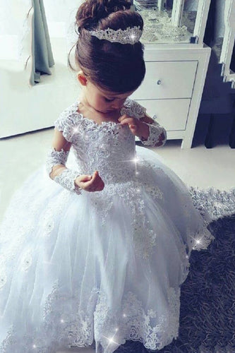 2023 Ball Gown Flower Girl Dresses Scoop Long Sleeves Tulle With Applique