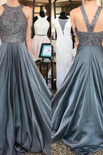 Load image into Gallery viewer, Beautiful Long Beading Open Back A-Line Gray Prom Dresses Party Dresses