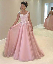 Load image into Gallery viewer, Princess pink organza lace A-line long prom dress with straps for teens