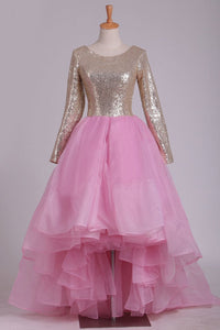 2024 Long Sleeves Scoop Asymmetrical Sequined Bodice Prom Dresses A Line
