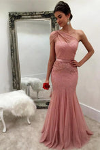 Load image into Gallery viewer, 2024 Mermaid One Shoulder Tulle With Beads And Sash Prom Dresses Sweep Train