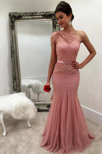 2024 Mermaid One Shoulder Tulle With Beads And Sash Prom Dresses Sweep Train