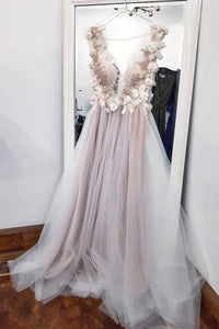 A-line V-neck Long Prom Dresses With Appliques Tulle Long Evening Dresses