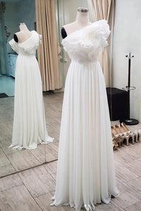Elegant Ruffles One Shoulder Long Prom Dresses, Chiffon Long Formal Dresses