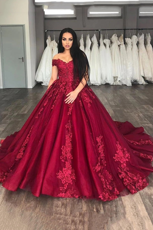 Off-Shoulder Ball Gown Burgundy Prom Dresses with Appliques