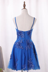 2024 A Line Spaghetti Straps Tulle Homecoming Dresses With Beads And Applique
