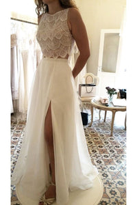 2023 New Arrival Scoop Wedding Dresses A Line With Slit Chiffon & Lace
