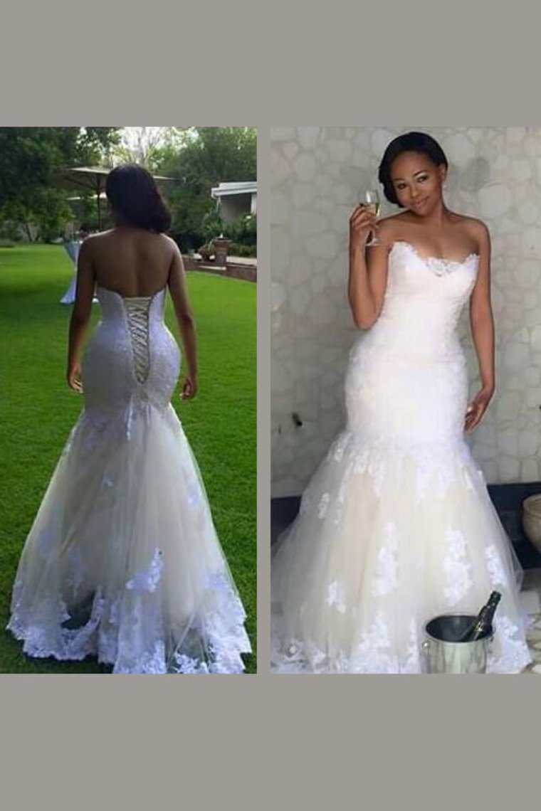 2024 Wedding Dresses Sweetheart Tulle With Applique Mermaid Sweep Train Lace Up