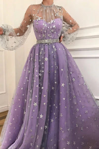 A-line Starry Night Star Beaded Long Puff Sleeves Prom Dresses