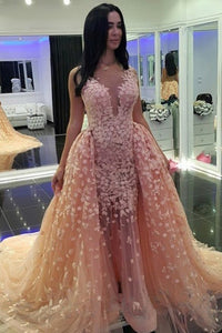 2023 Tulle V Neck With Applique Prom Dresses Mermaid Court Train Detachable
