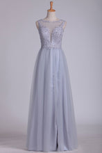 Load image into Gallery viewer, 2024 Prom Dresses A Line Bateau Tulle With Applique Floor Length