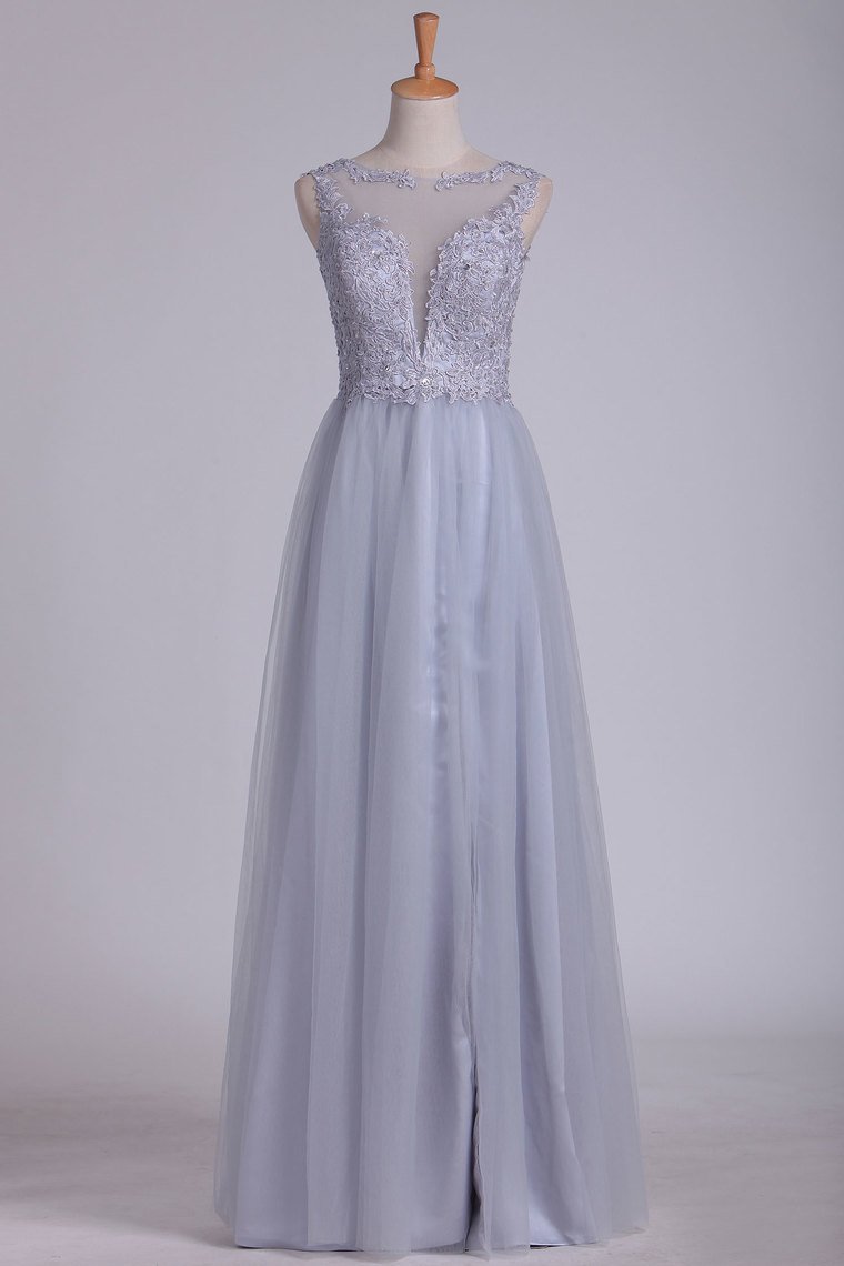2024 Prom Dresses A Line Bateau Tulle With Applique Floor Length