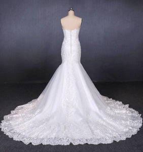 Charming Strapless Sweetheart Mermaid Lace Appliques White Wedding Dresses SRS15128