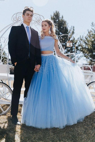 Unique A Line Off the Shoulder Two Piece Blue Tulle Prom Dresses with Beading RS407