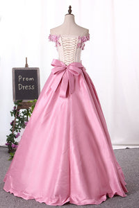 2024 New Arrival Prom Dresses Off The Shoulder Satin With Appliques And Handmade Flowers