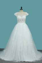 Load image into Gallery viewer, 2023 Scoop Short Sleeves Tulle A Line Wedding Dresses With Applique Chapel Train