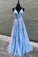 Straps V-neck Light Blue Prom Dresses Lace Appliques Formal Dresses