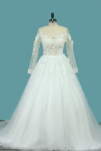 Load image into Gallery viewer, 2024 A Line Long Sleeves Tulle Scoop Wedding Dresses With Applique And Beads Sweep Train