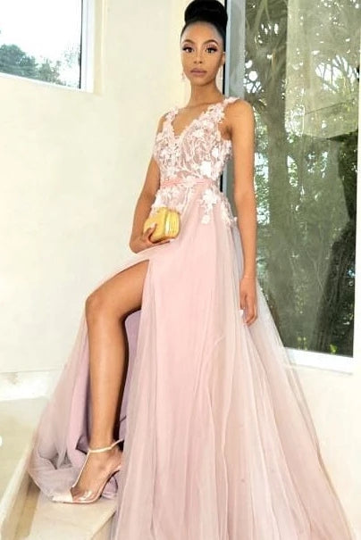 A-line V-neck Appliques Pink Long Prom Dresses, Evening Dresses with Split