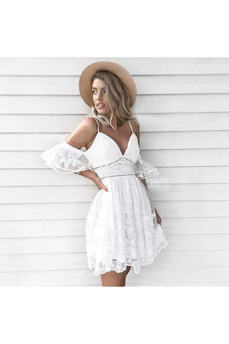 A-Line Spaghetti Straps Short White Lace Homecoming Dress