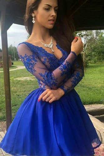 2024 A Line V Neck Long Sleeves Homecoming Dresses Chiffon With Applique