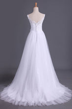 Load image into Gallery viewer, 2024 Straps A Line Wedding Dress Court Train Tulle With Applique &amp; Handmade Flower