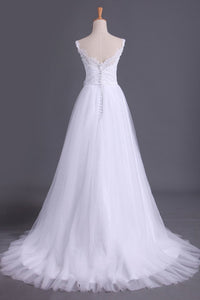 2024 Straps A Line Wedding Dress Court Train Tulle With Applique & Handmade Flower