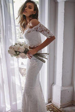 Load image into Gallery viewer, 2 Pieces Ivory Lace Mermaid Off the Shoulder Wedding Dresses, Beach Wedding Gowns SRS14986