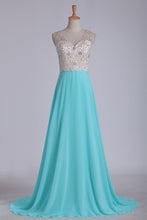 Load image into Gallery viewer, 2024 V Neck Beaded Bodice A Line Prom Dresses Chiffon &amp; Tulle Sweep Train