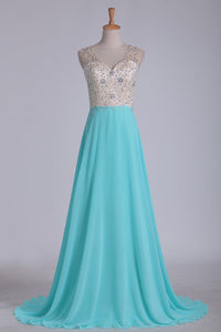 2024 V Neck Beaded Bodice A Line Prom Dresses Chiffon & Tulle Sweep Train