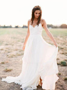 Sexy Spaghetti Straps Boho Bridal Dress with Slit V Neck Side Slit Beach Wedding Dresses W1033