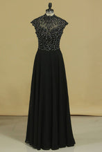Load image into Gallery viewer, 2024 Black High Neck Prom Dresses A Line Chiffon With Applique And Beads