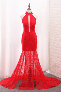 2024 Mermaid High Neck Prom Dresses Lace With Slit Sweep Train