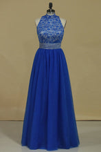 Load image into Gallery viewer, 2024 High Neck Open Back A Line With Beads Prom Dresses Tulle &amp; Lace Floor Length