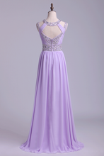 Load image into Gallery viewer, 2024 Sexy Prom Dresses Scoop A Line Floor-Length Open Back Chiffon With Beading