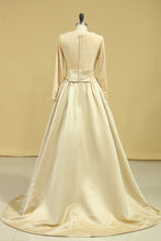 Load image into Gallery viewer, 2024 Champagne Muslim Wedding Dresses Scoop A Line Long Sleeves Satin Plus Size
