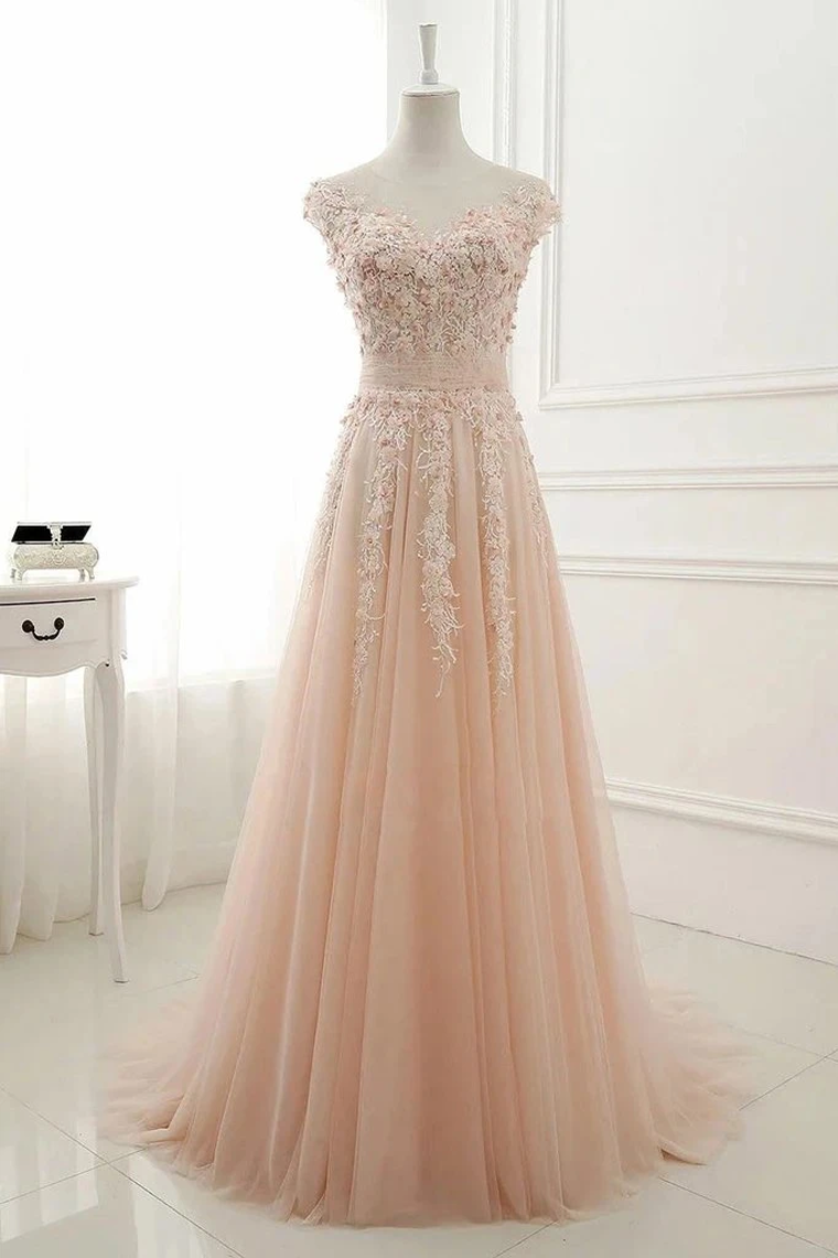 A Line Sheer Neck Cap Sleeves Tulle Prom Dresses Appliques Sweep Train Formal SRSPTEXZSTC