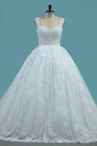2024 Straps Tulle Ball Gown Wedding Dresses With Applique Chapel Train