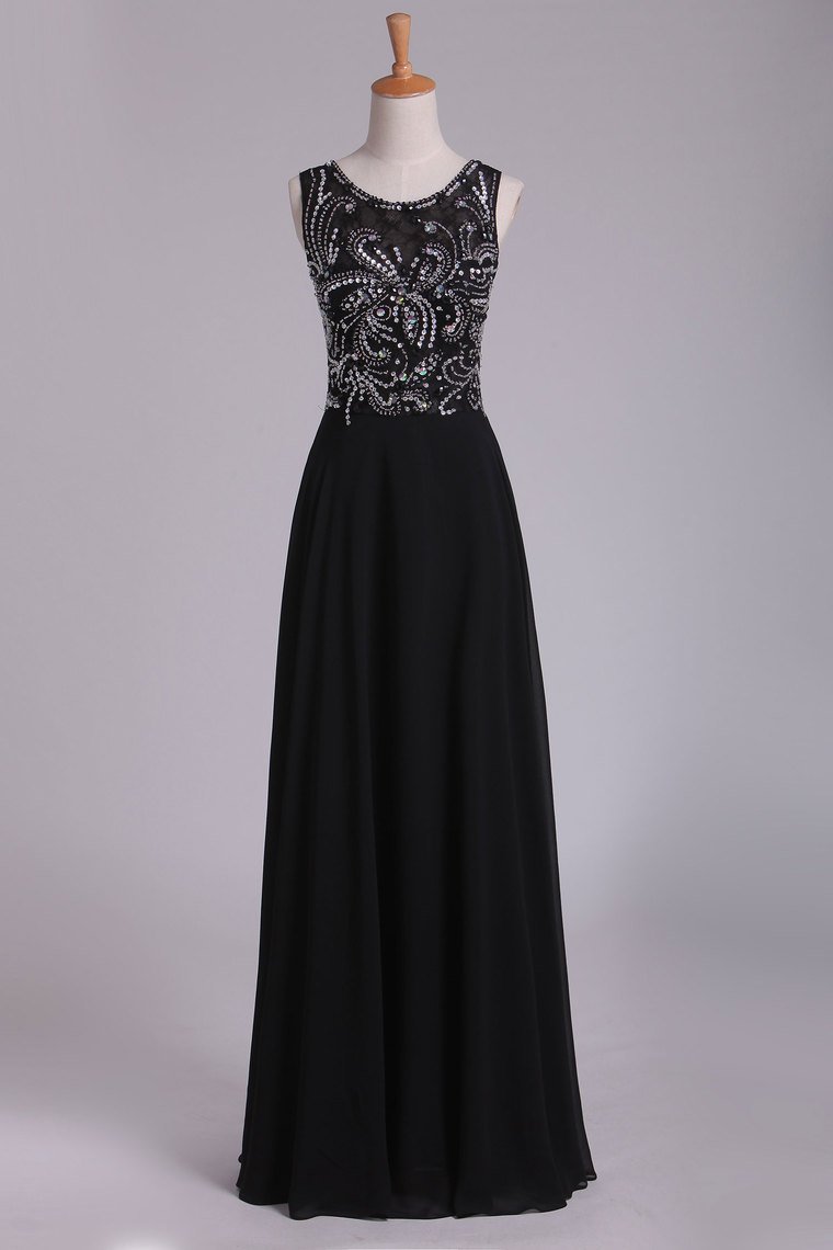 2024 Prom Dresses Scoop Beaded Bodice A Line Chiffon Lace Floor Length